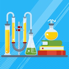 Poster with chemical equipment. Test tube and flack, chemical burner, laboratory, liquid. Studies and scientific experiments. Flat vector cartoon illustration. Objects isolated on background.