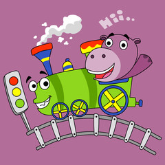 little hippos ride the train - vector illustration for children.