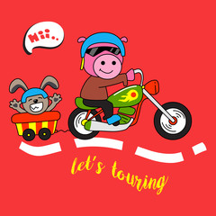 cute pig ride a motorcycle with cat - vector illustration for children.