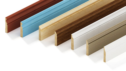 Baseboards with various profiles isolated on white background. 3D illustration © Destina