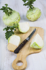 Chopped kohlrabi on chopping board