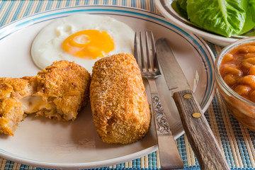 Close up of delicious homemade croquettes and fried egg