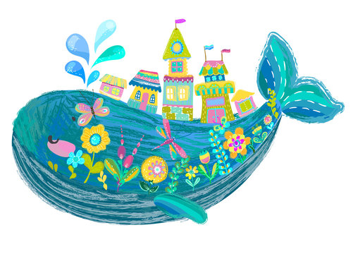 Big beautiful whale with houses and flowers
