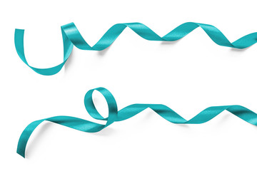 Teal green ribbon satin curly bow color (isolated with clipping path) on white background for holiday decoration element