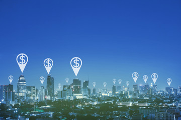 Pin and dollar symbol over cityscape with space and blue tone.