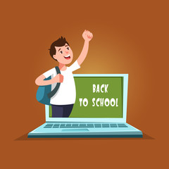 Vector illustration of cute african student and laptop computer with chalkboard in cartoon style. Design concept postcard back to school