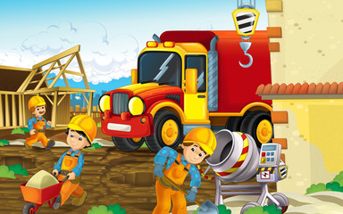 cartoon scene of a construction site with heavy truck smiling - different people doing many industry jobs - illustration for children