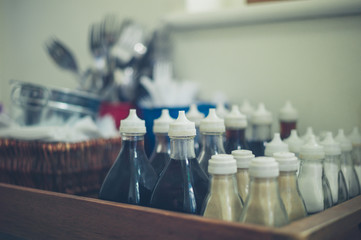 Bottles of sauce and condiments