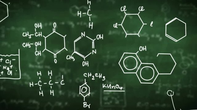 Chemical formulas on green background. Science concept.