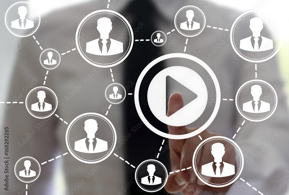 Poster social media web content concept. internet network people connection. young man presses play button 