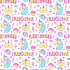 Cute seamless pattern with magical unicorn, cat, rainbow, diamond, lightning, star, heart, capcake, magic wand, inscription - unicorn. It can be used for packaging, wrapping paper, textile and etc.