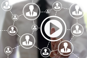 Social Media Web Content concept. Internet Network People Connection. Young man presses play button to start project or media data.