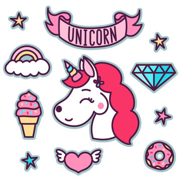 Trendy sticker pack with magical unicorn, star, diamond, ice cream, heart, cloud, ribbon, rainbow, donut. You can use as stickers, icons, pins, patches, etc.