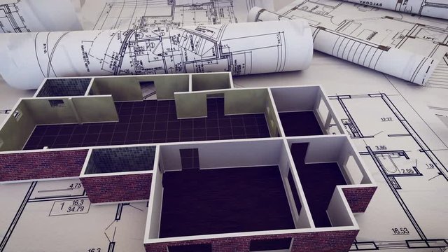 Architect worplace. Architectural project, blueprints, blueprint rolls on plans. Animation of 3d Construction.