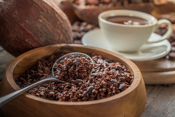 Cup of hot chocolate with cocoa powder,