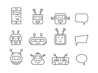 Set Chat bot vector icon faces robots in a linear style. Vector Robot Virtual Assistance chatbots and bubbles for text messages.