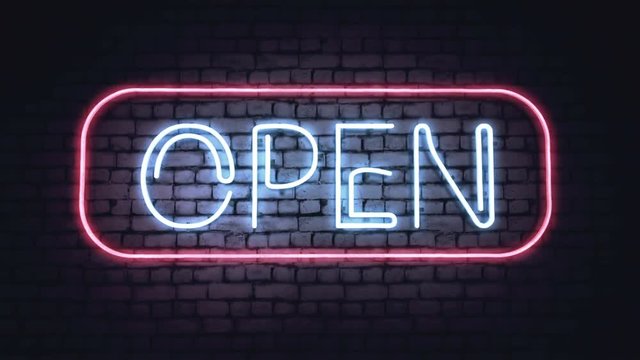 OPEN, 24 HOURS and PARTY neon signs on a white brick wall.