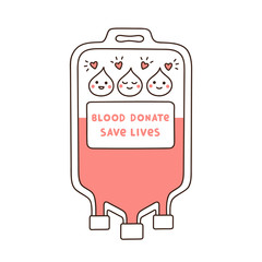 Dropper with blood and cartoon red drops with smile and hearts. Blood donate, save lives.
