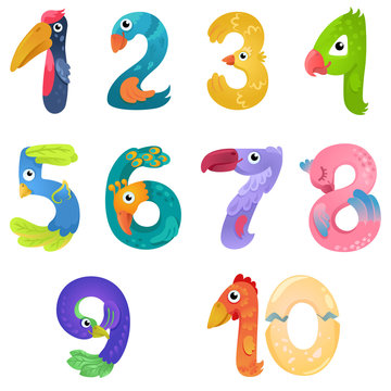 Numbers like birds in fairy style / There are numbers from one to ten in fairy style like different birds. Bright and colorful gradient illustration

