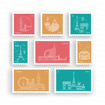 A set of postage stamps vector, flat, depicting European architectural landmarks in the style of linear. Vector templates with buildings, Paris, London, Rome.