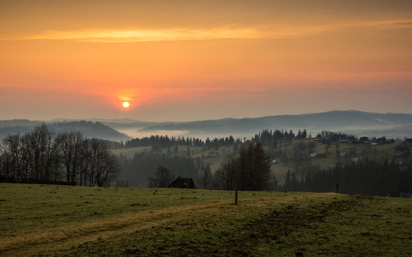 Sunrise over Tatra mountains from Zab village, Zakopane, Poland