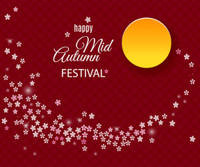 Happy Mid Autumn Festival background with moon and sakura tree flower stream. Vector illustration for chinese holiday design