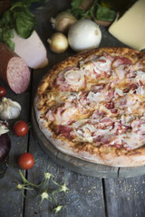 pizza on the old table