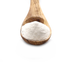 Pile rice flour in wooden spoon isolated on white background
