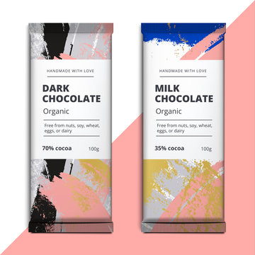 Organic dark and milk chocolate bar design. Luxury abstract choco packaging vector mockup. Trendy creative product branding template with label and pattern.