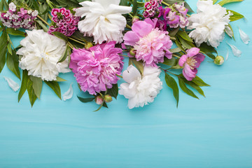 Fresh white and pink peonies flowers on turquoise painted wooden background. Top view, flat lay. Place for text.