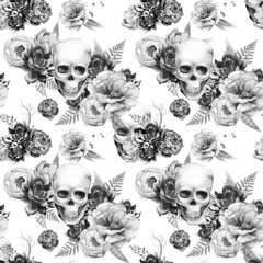 Black and white seamless pattern with skull and peonies flowers, succulents, fern. Hand painted repeating background with floral elements. Fashion style texture