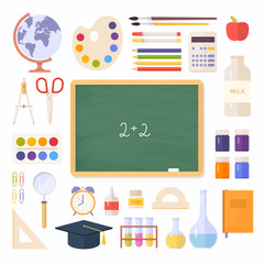 School items, supplies: schoolbook, school board, globe, paint, palette, magnifier, calculator isolated on white background. Concept education. Back to school. Vector illustration.