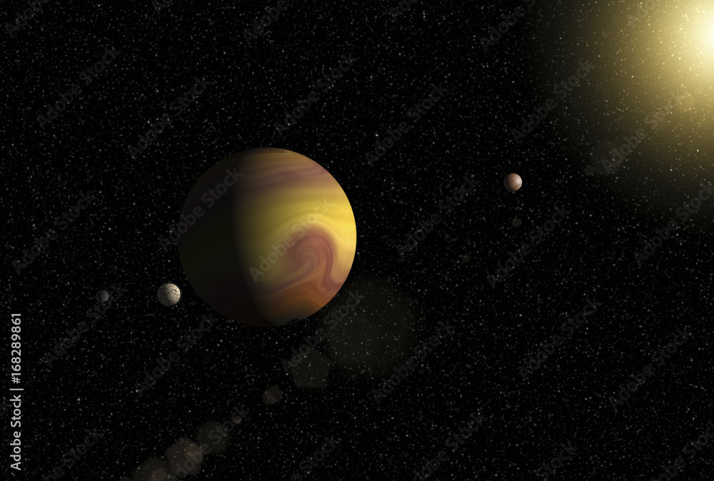 Wall mural large gas giant planet with two moons and a smaller planet orbiting nearby star. outer space, cosmic