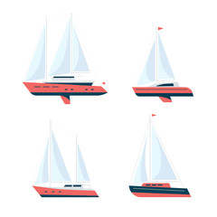 Set of yachts and sailboats isolated on light background. Sailing. Summer vacation at sea. Active lifestyle. Side view. Flat style.