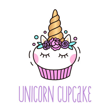 Cute unicorn cupcake on a white background.  It can be used for card, sticker, patch, phone case, poster, t-shirt, mug etc.