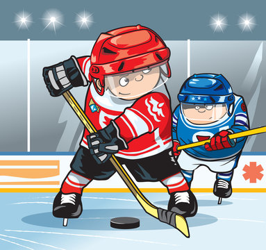 Two hockey players on the hockey field. Cartoon vector illustration