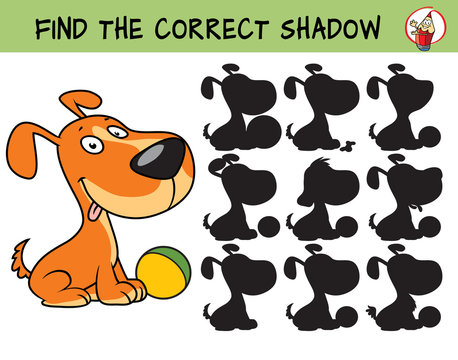 Funny little dog with a ball. Find the correct shadow. Educational matching game for children. Cartoon vector illustration