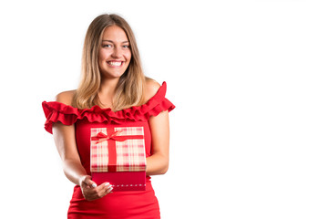 Fototapeta premium Young smiling model hold gift box.