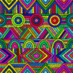 Embroidery - seamless ornament. Colored lines on a black background. Bright neon colors. Handmade. Ethnic and tribal motifs. Print in the bohemian style.