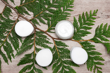 Fototapeta na wymiar Organic skin care products with green leaves