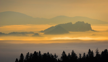 Sunrise and foggy morning over Pieniny mountains from Czarna Gora, Zakopane, Poland