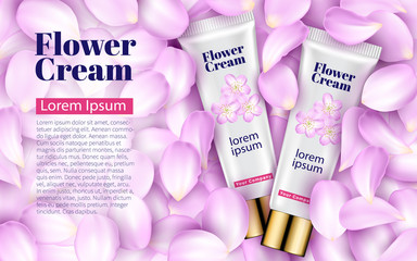 Pink Cream tube on Soft Background with Pink Petals Flowers. Excellent Advertising, Gentle Creams. Cosmetic Package Design Sale or Promotion New Product. 3D Vector Illustration