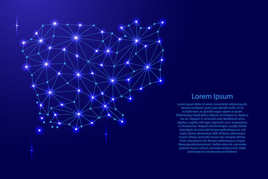 Cambodia Map Of Polygonal Mosaic Lines Network, Rays And Space Stars Of Vector Illustration.