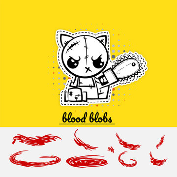 Halloween evil cartoon funny cat kitty monster electric saw blood. Pop art wow comic book text party. Angry monochrome thread needle sewing voodoo doll. Vector illustration sticker paper.