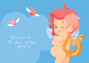 Cupid playing love song music on hurp.