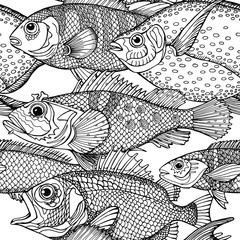 Obraz premium Seamless pattern with images of fish. Vector black and white illustration.