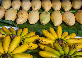 Cluster Banana and mango fruit on sales in the market