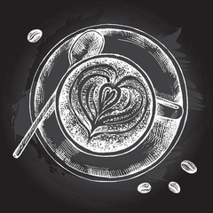 Cappuccino in a cup on a saucer with a spoon. Coffee top view. Vector ink hand drawn illustration. Chalkboard style.Print