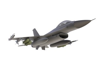 Fototapeta na wymiar Below view of F16, american military fighter plane on white background, 3D rendering