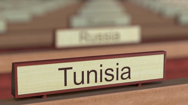 Tunisia name sign among different countries plaques at international organization. 3D rendering